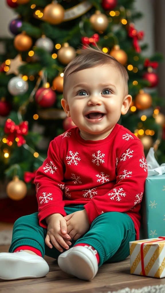 A baby boy in a festive Christmas outfit sitting in front of a decorated Christmas tree.